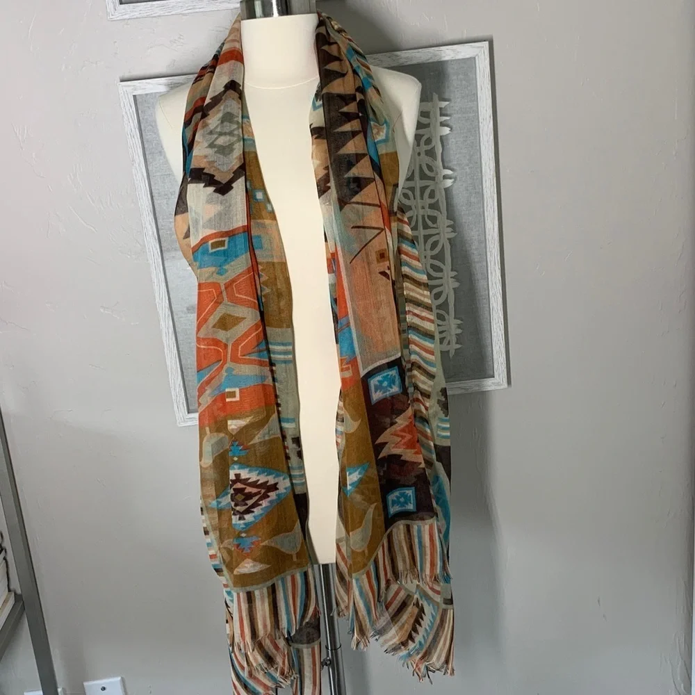 Southwestern print scarf brown, tan, orange, turquoise